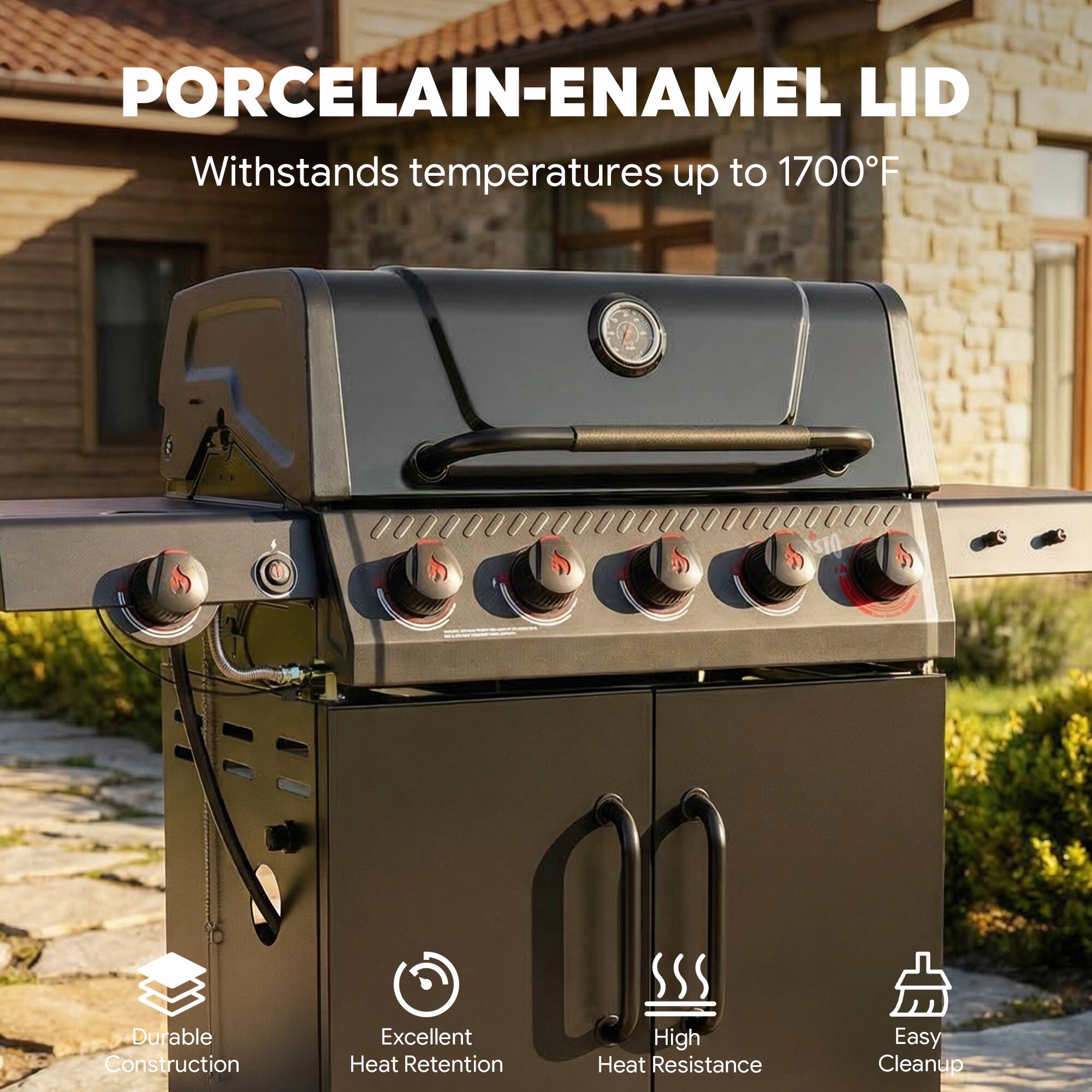 PORCELAIN-ENAMEL LID  
Withstands temperatures up to 1700°F  
Durable Construction  
Excellent Heat Retention  
High Heat Resistance  
Easy Cleanup