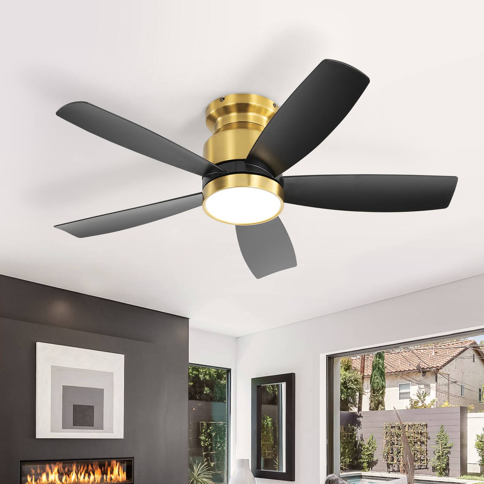 Angle. GreenEver - 42-inch Flush Mount Ceiling Fan with Quiet DC Motor, 5 Reversible ABS Blades, 6-Speed Airflow & Dimmable 3CCT LED Light - Black Gold.