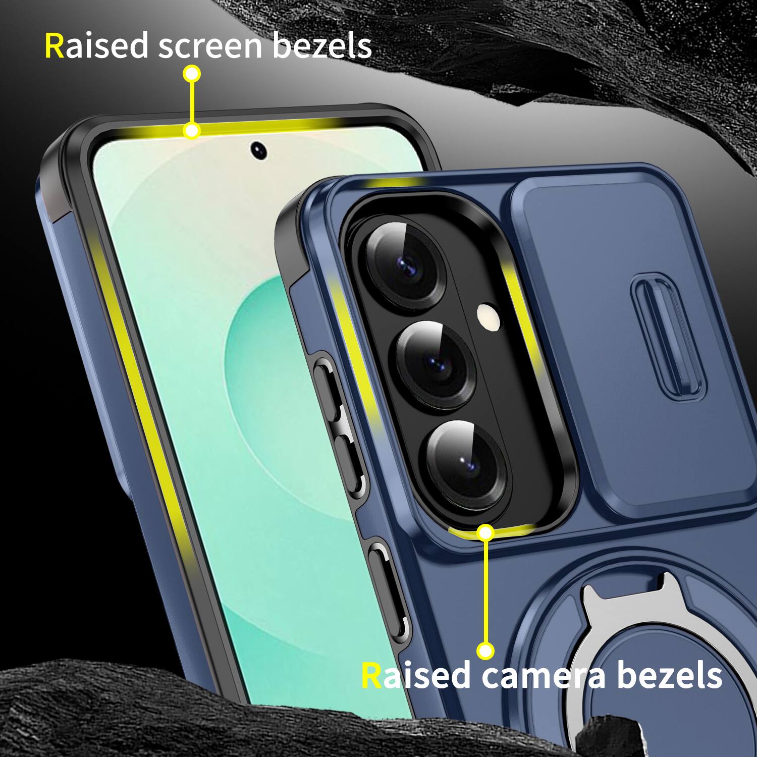 Raised screen bezels  
Raised camera bezels