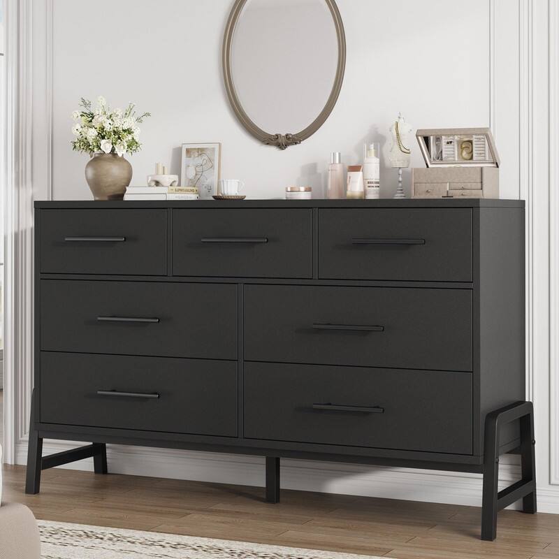 Front. Acekool - 7 Dresser for Bedroom, Freestanding 52" Wide Drawer Dresser - Black.