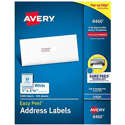 Avery 8460
Pop-up Edge™ for fast peeling
Free Easy-to-Use Avery Templates
every.com/templates
1" x 2 5/8" (actual size)
3000 labels - 100 sheets
White
Easy Peel™ Address Labels
SURE FEED TECHNOLOGY
Jam & Smudge Free GUARANTEED
Inkjet
Avery 8460