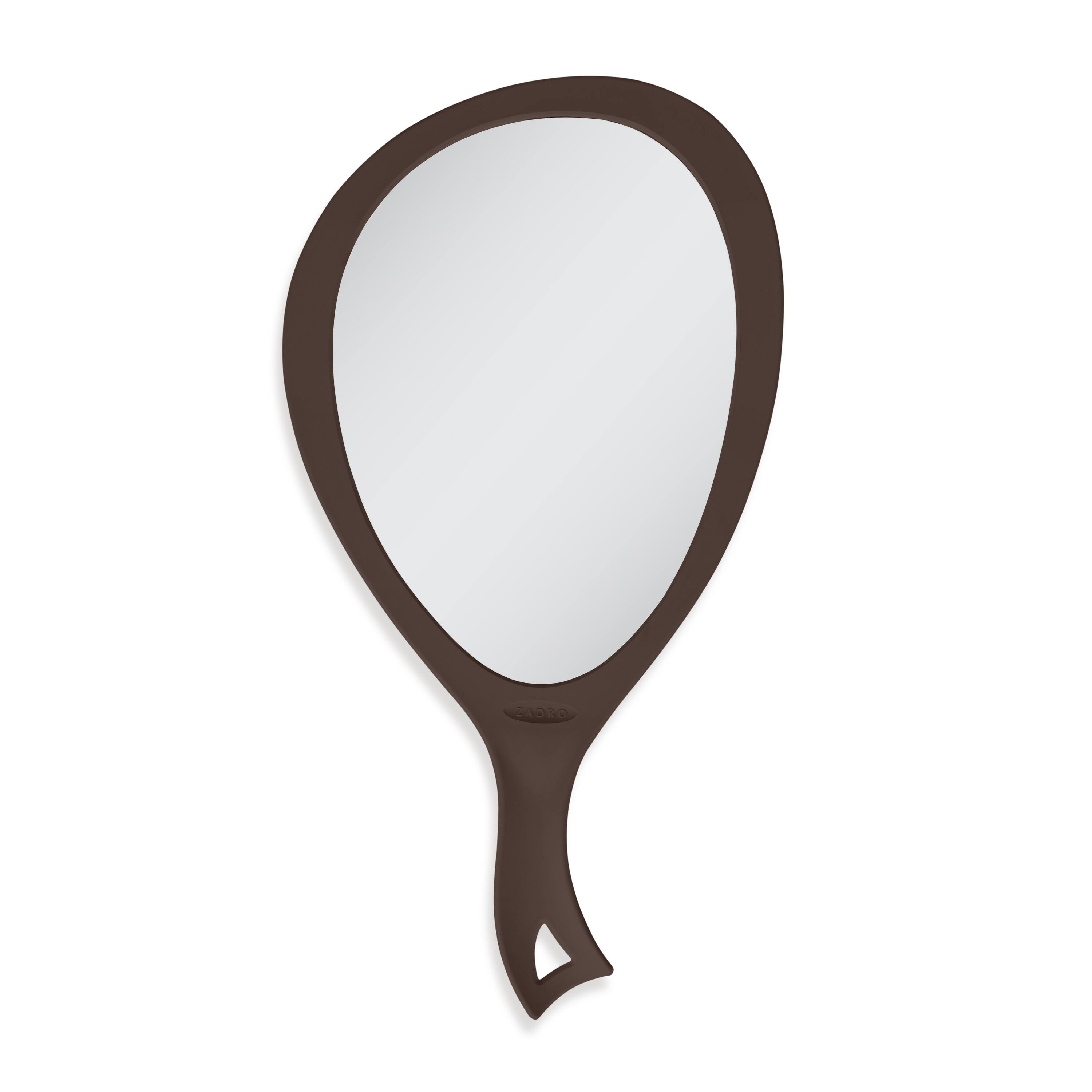 Front. Zadro - Large Teardrop Hand Mirror with Ergonomic Handle and Hanging Loop - Made in USA - Chocolate.