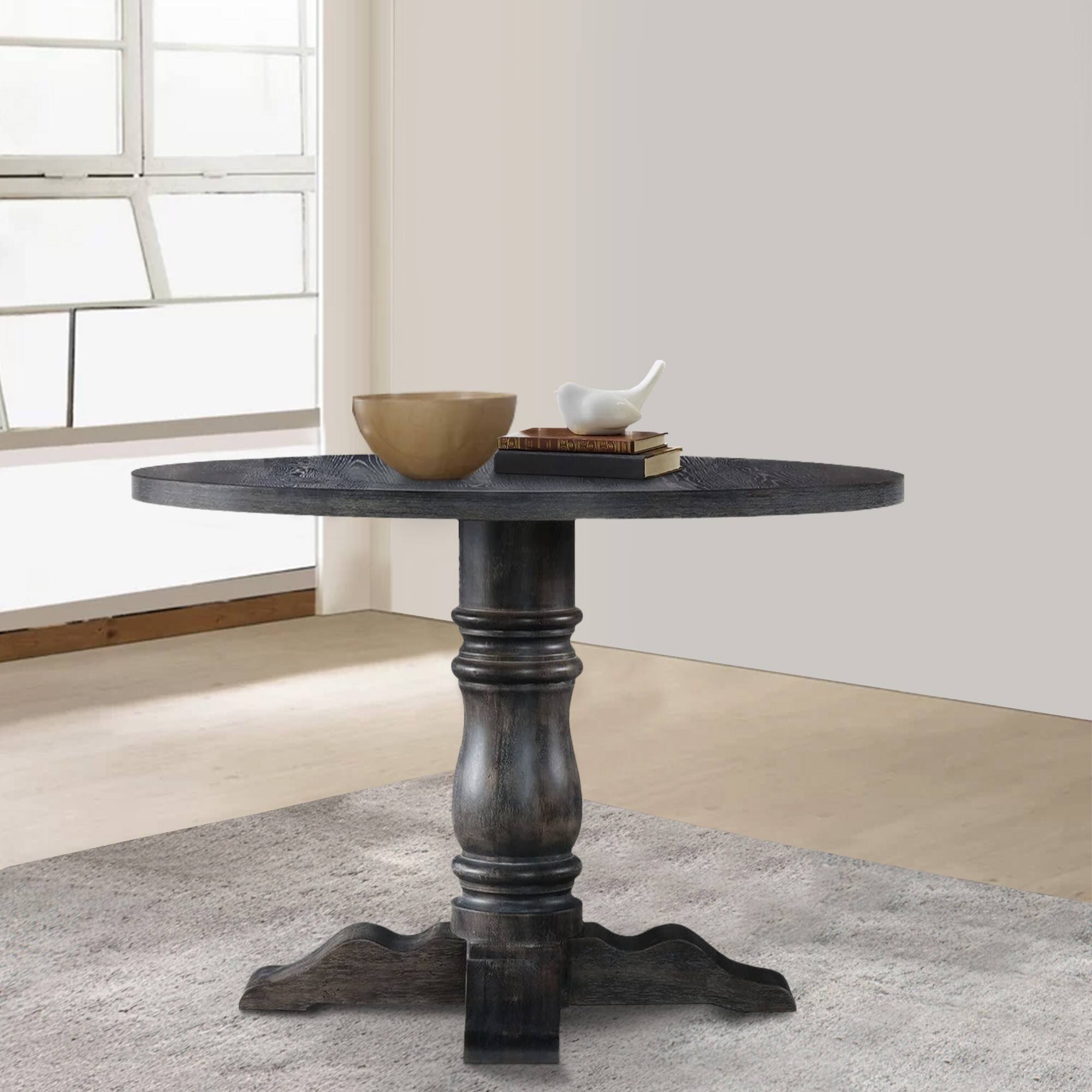 Alt View 5. Manhattan Lane - Wooden Round Dining Table With Heavy Pedestal Feet, Weathered Gray - Gray.