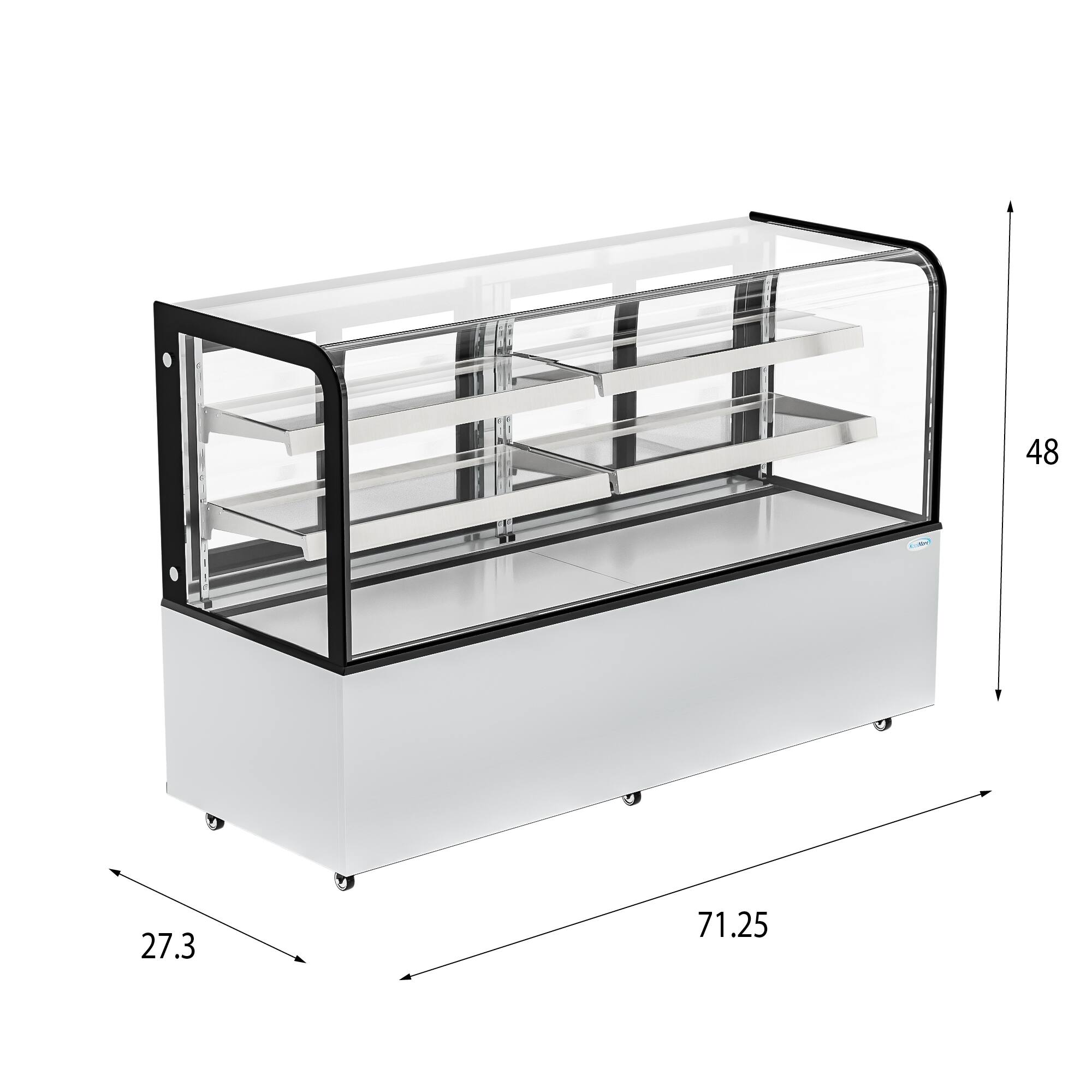 The text on the image reads "48 27.3 71.25". This information likely refers to the dimensions of the glass display case. The numbers "48" and "71.25" could be the height and width of the case, respectively, while "27.3" could be the depth or a measurement of the shelves inside the case.