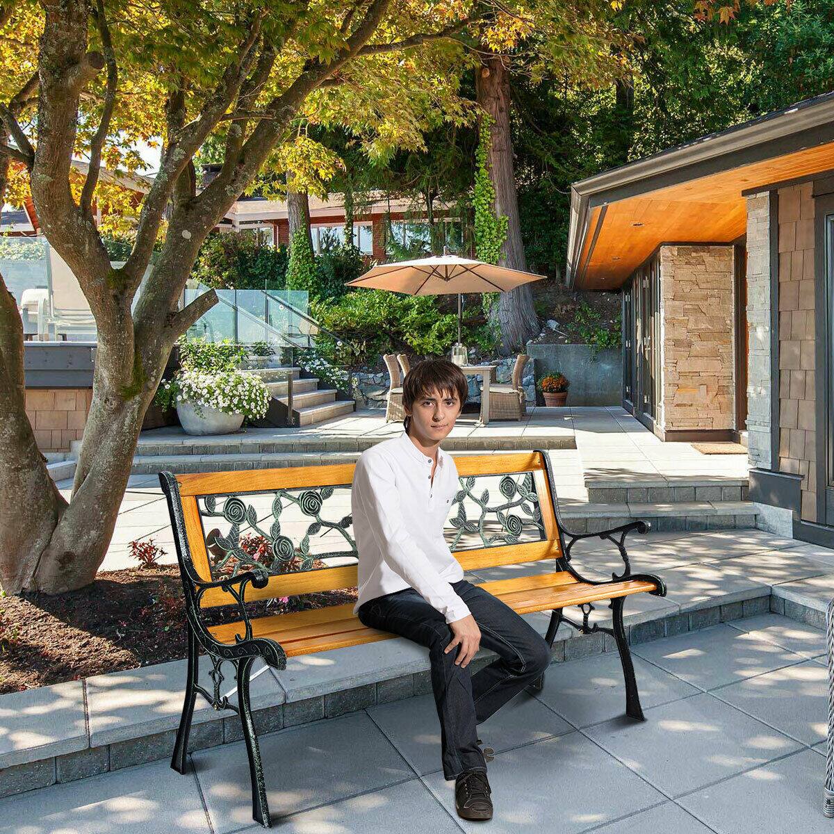 Alt View 4. Costway - Costway Patio Park Garden Bench Porch Chair Outdoor Deck Cast Iron Hardwood Rose - Yellow.