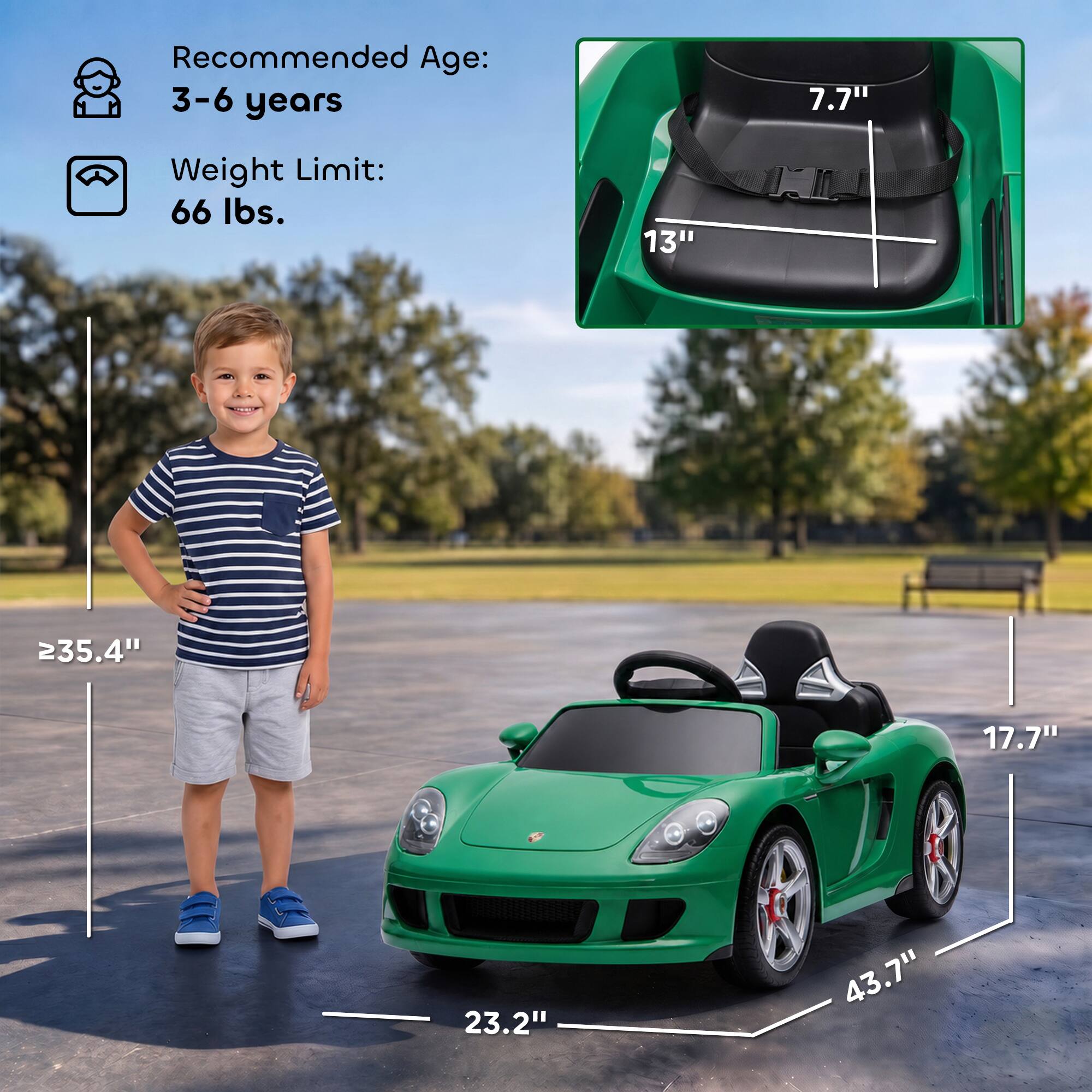 Recommended Age: 3-6 years  
Weight Limit: 66 lbs.  
7.7"  
13"  
235.4"  
17.7"  
23.2"  
43.7"