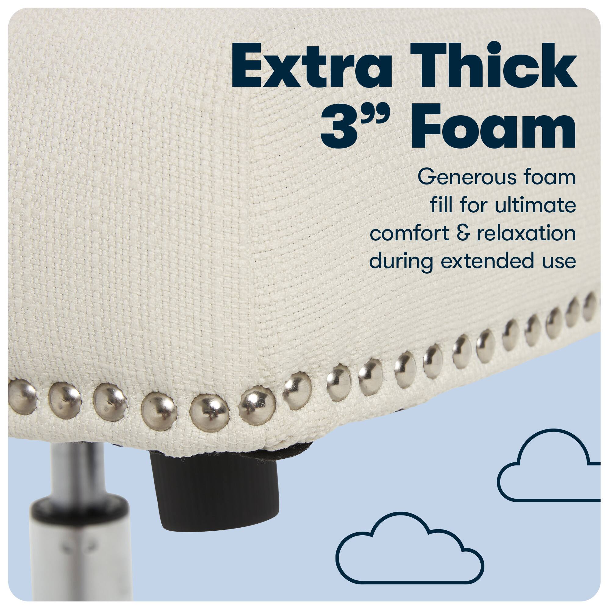 The image features a white cushion with a cloudy blue background. The cushion is filled with extra thick 3" foam, providing generous comfort and relaxation during extended use. The foam is designed to offer ultimate comfort and relaxation, making it an ideal choice for those seeking a cozy and supportive seating option.