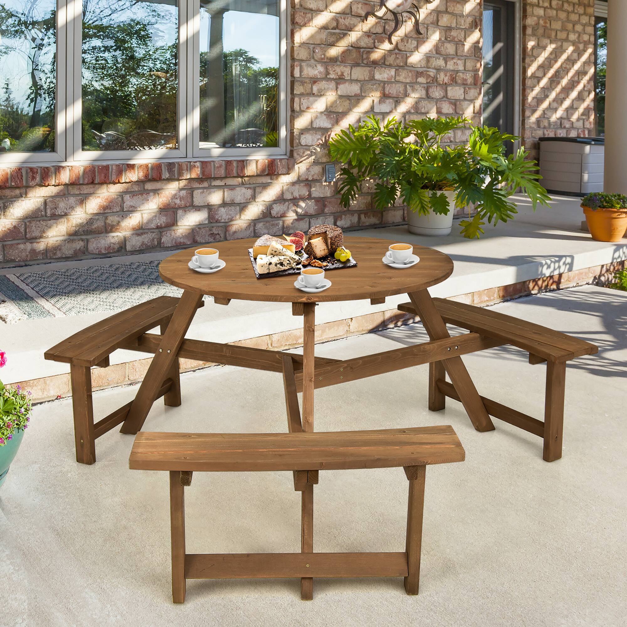 Alt View 1. Costway - Costway 6-person Round Wooden Picnic Table Outdoor Table w/ Umbrella Hole & Benches - Dark Brown.
