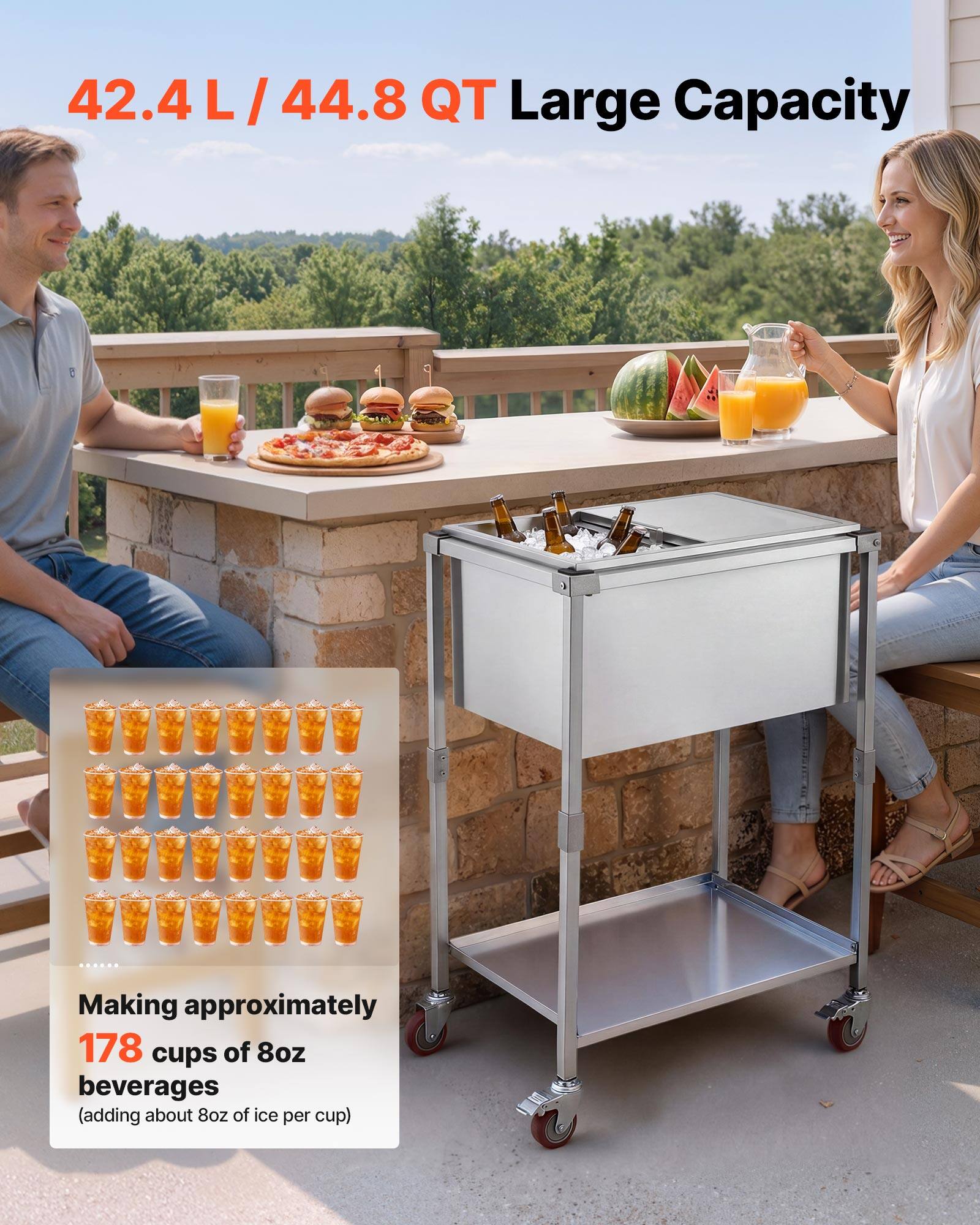 42.4 L / 44.8 QT Large Capacity

Making approximately 178 cups of 8oz beverages (adding about 8oz of ice per cup)