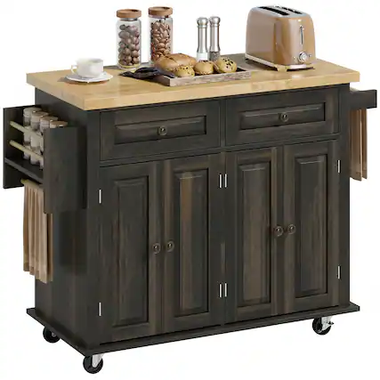 Front. Homcom - Mobile Kitchen Island Table, Kitchen Island Cart on Wheels with Storage Cabinets - Brown Oak.