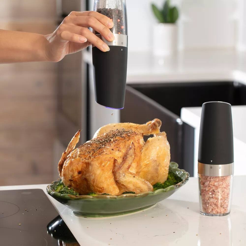 Alt View 3. Luminuxe - Gravity Electric Pepper & Salt Grinder Set – One-Hand Auto, Adjustable Coarseness, LED Battery Powered Ceramic Mechanism - Black.