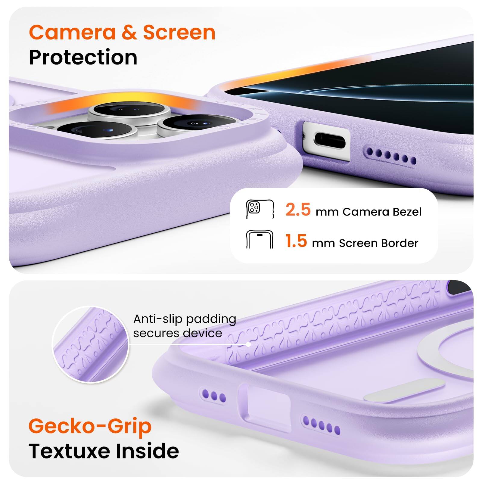 Camera & Screen Protection  
2.5 mm Camera Bezel  
1.5 mm Screen Border  
Anti-slip padding secures device  
Gecko-Grip Textuxe Inside