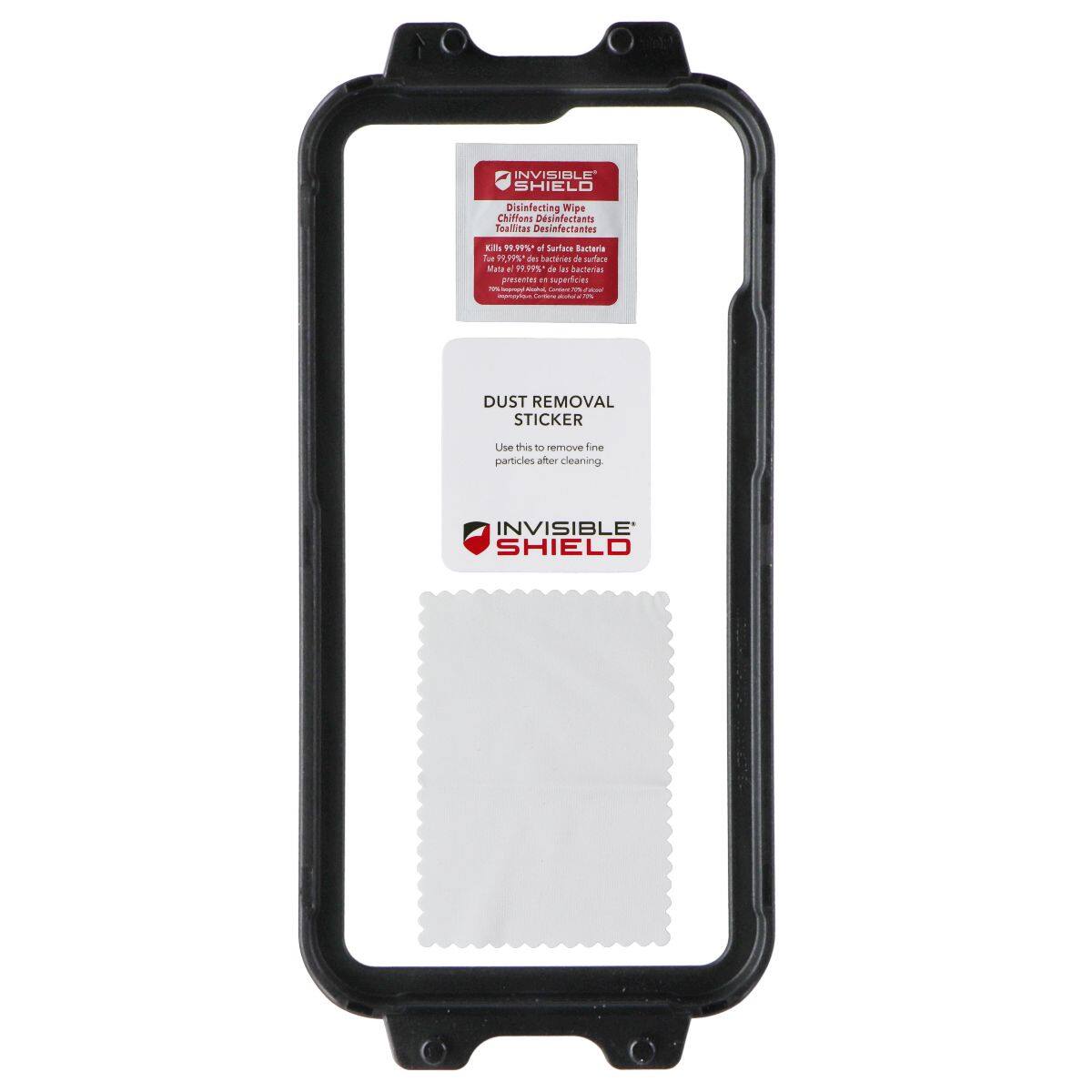 INVISIBLE SHIELD Disinfecting Wipes Chiffoes Desinfectantes Toallitas Desinfectantes .05 S of Surface Bacteria Le W % des bactéries a surface Mata - S de a1 Aadteras presentes  Egertices - - - I on T manaytan DUST REMOVAL STICKER Use this to remove fine particles after cleaning. INVISIBLE SHIELD