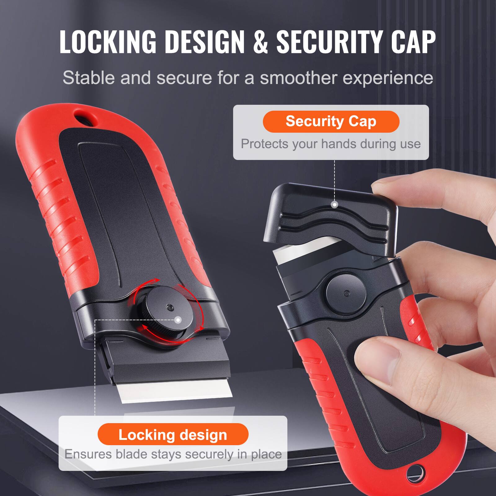 LOCKING DESIGN & SECURITY CAP  
Stable and secure for a smoother experience  

Security Cap  
Protects your hands during use  

Locking design  
Ensures blade stays securely in place