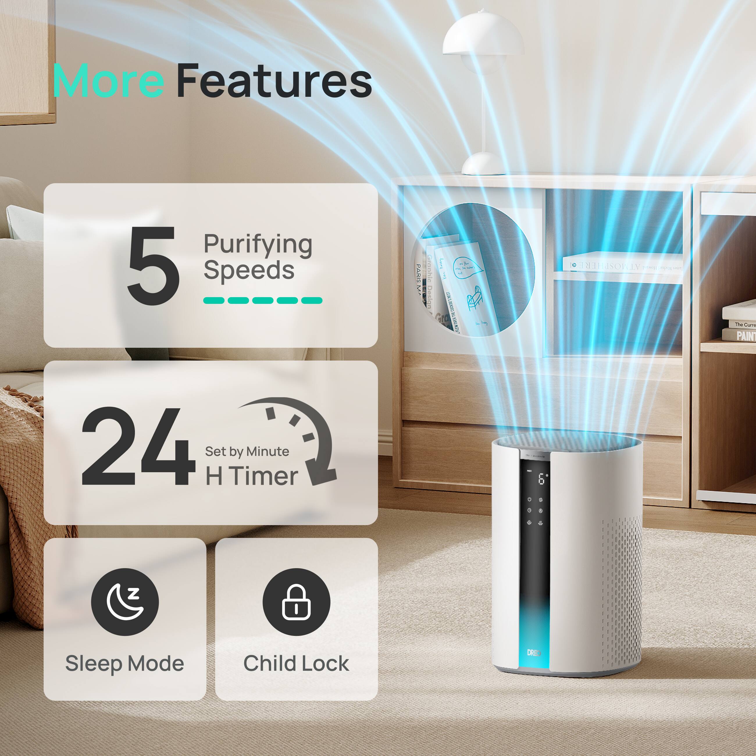 More Features  
Purifying 5 Speeds  
24 H Timer Set by Minute  
Sleep Mode  
Child Lock