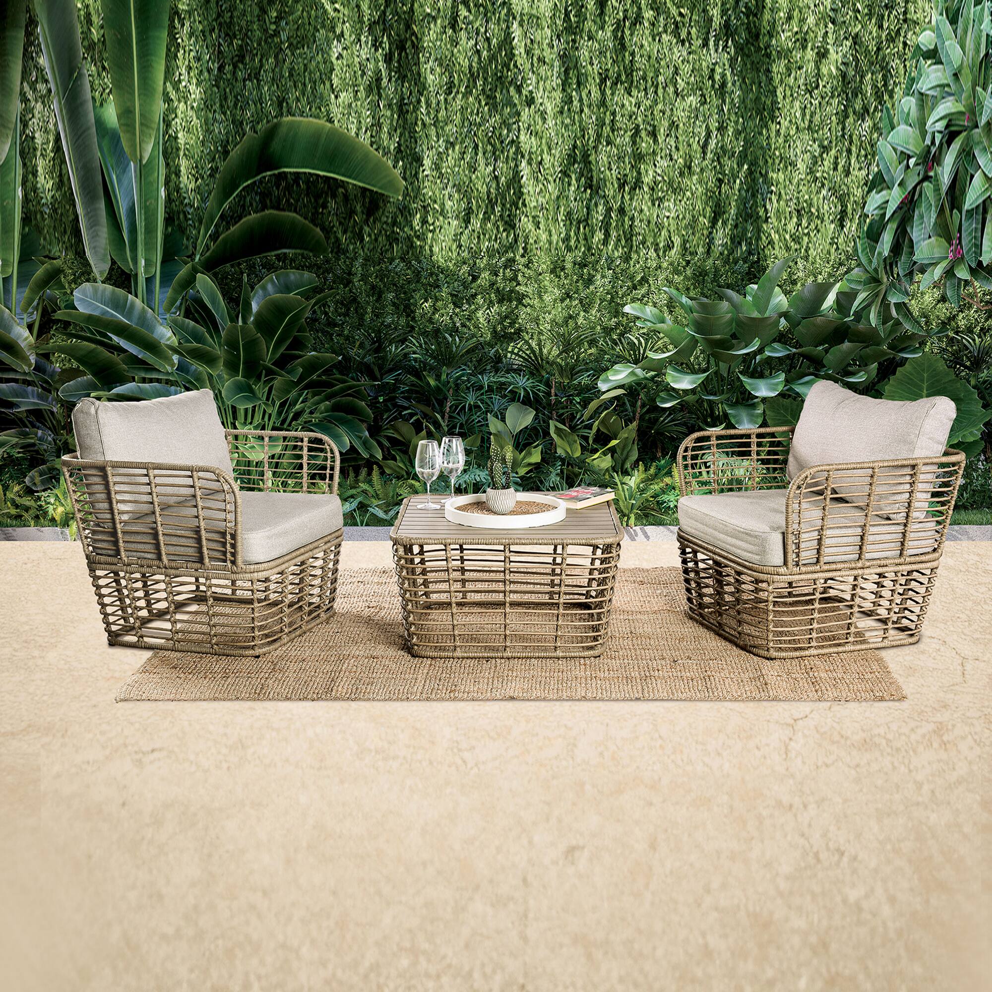 Angle. Vaczon - 3-Piece Outdoor Patio Furniture Set with Cushions, PE Rattan Chairs and Coffee Table for Porch, Backyard or Terrace - Natural.