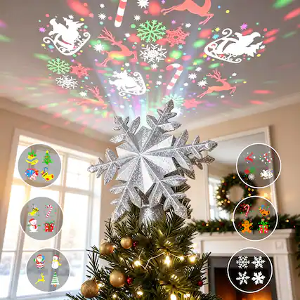 Front. POOLHACKER - Lighted Christmas Tree Topper Star with 6 Projected Patterns, 3D Hollow Sparkling LED Projector for Holiday Tree Decor - Silver.