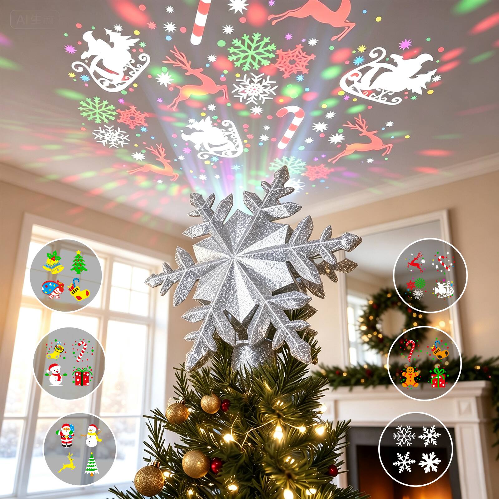 Front. POOLHACKER - Lighted Christmas Tree Topper Star with 6 Projected Patterns, 3D Hollow Sparkling LED Projector for Holiday Tree Decor - Silver.