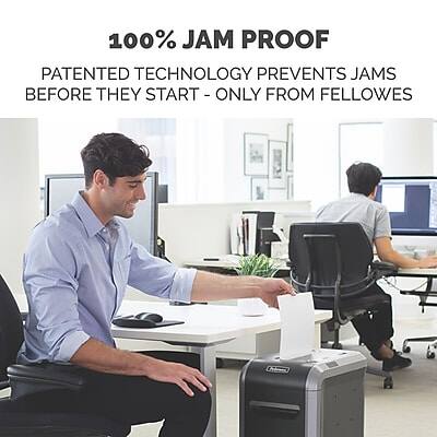 100% JAM PROOF  
PATENTED TECHNOLOGY PREVENTS JAMS BEFORE THEY START - ONLY FROM FELLOWES