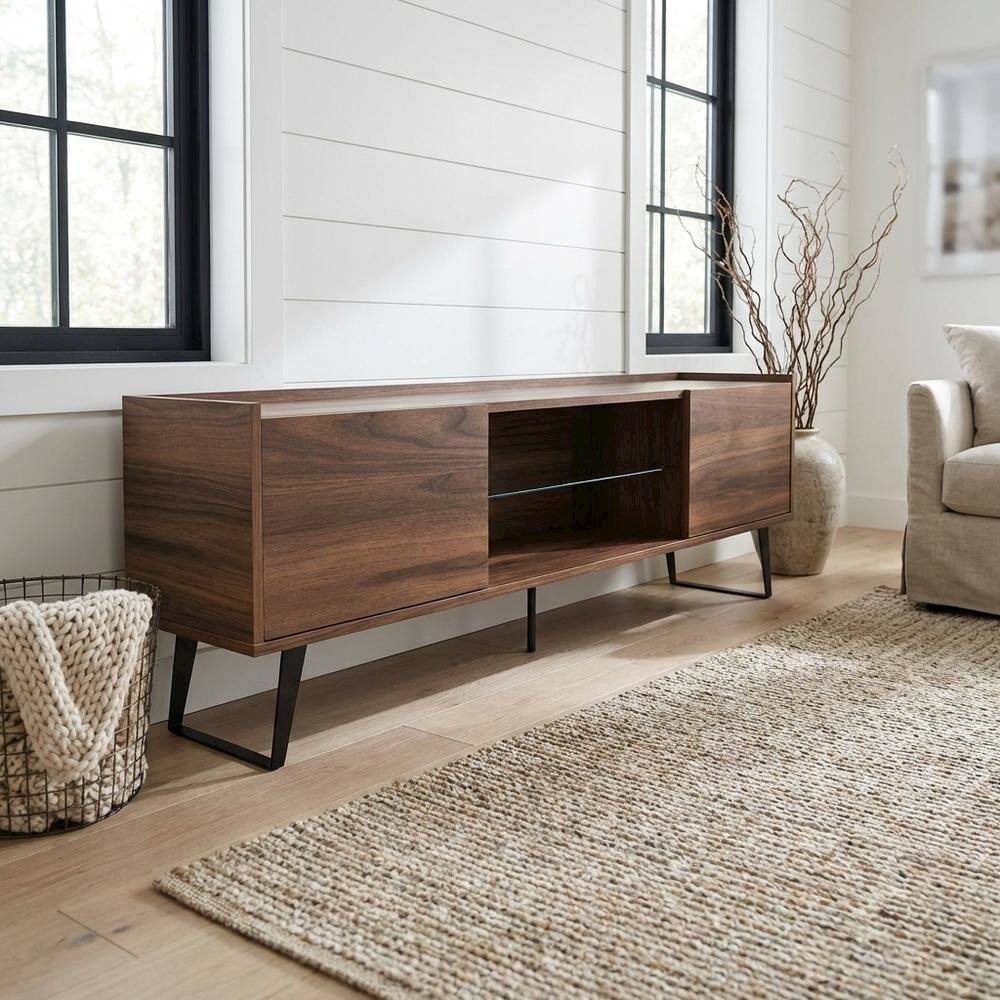 Alt View 1. FurniFact - Walnut TV Stand, 65-80 Inch Flat Screen Televisions in Engineered Wood Finish - Brown.
