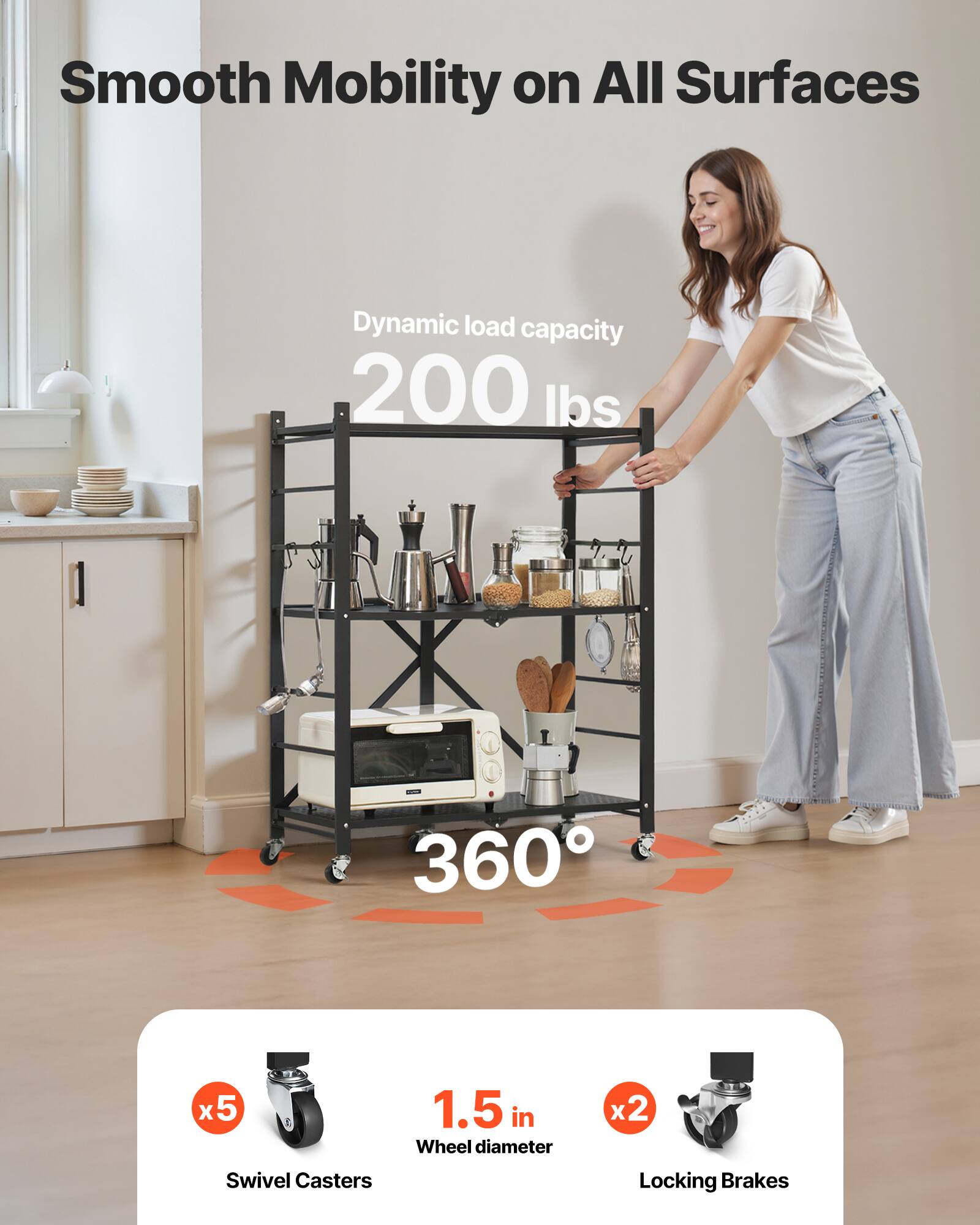 Smooth Mobility on All Surfaces
Dynamic load capacity 200 lbs
360°
x5 Swivel Casters
1.5 in Wheel diameter
x2 Locking Brakes