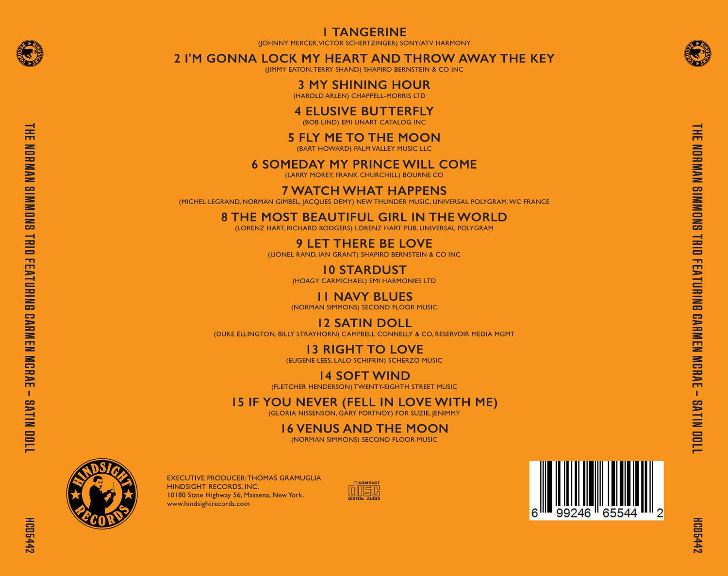 **THE NORMAN SIMMONS TRIO FEATURING CARMEN MCGRAE - SATIN DOLL**

1. **TANGERINE**  
   (JOHNNY MERCER, VICTOR SCHERTZINGER)  
   SONY/ATV HARMONY

2. **I'M GONNA LOCK MY HEART AND THROW AWAY THE KEY**  
   (JIMMY EATON, TERRY SHAND)  
   SHAPIRO BERNSTEIN

3. **MY SHINING HOUR**  
   (HAROLD ARLEN)  
   CHAPPELL-MORRIS LTD

4. **ELUSIVE BUTTERFLY**  
   (BOB LIND)  
   UNART CATALOG

5. **FLY ME TO THE MOON**  
   (BART HOWARD)  
   PALM VALLEY MUSIC LLC

6. **SOMEDAY MY PRINCE WILL COME**  
   (LARRY MOREY, FRANK CHURCHILL)  
   BOURNE

7. **WATCH WHAT HAPPENS**  
   (MICHEL LECRAN, NORMAN GIMBEL, JACQUES DEM