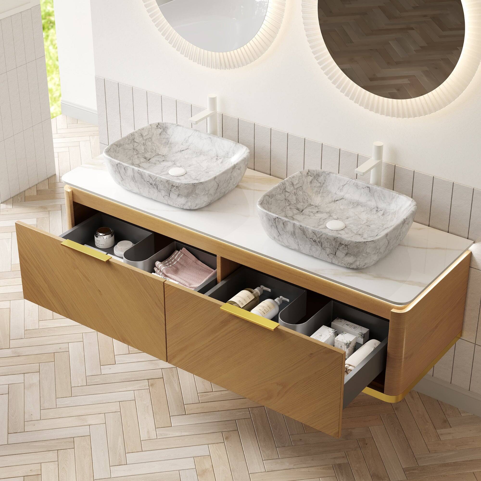 Alt View 2. Boyel Living - 60 Bathroom Vanity with 2 Drawers Sensor Light 2 Marble Pattern Ceramic Vessel Basins Sintered Stone Espresso - Carrara White,Espresso,Stone White.