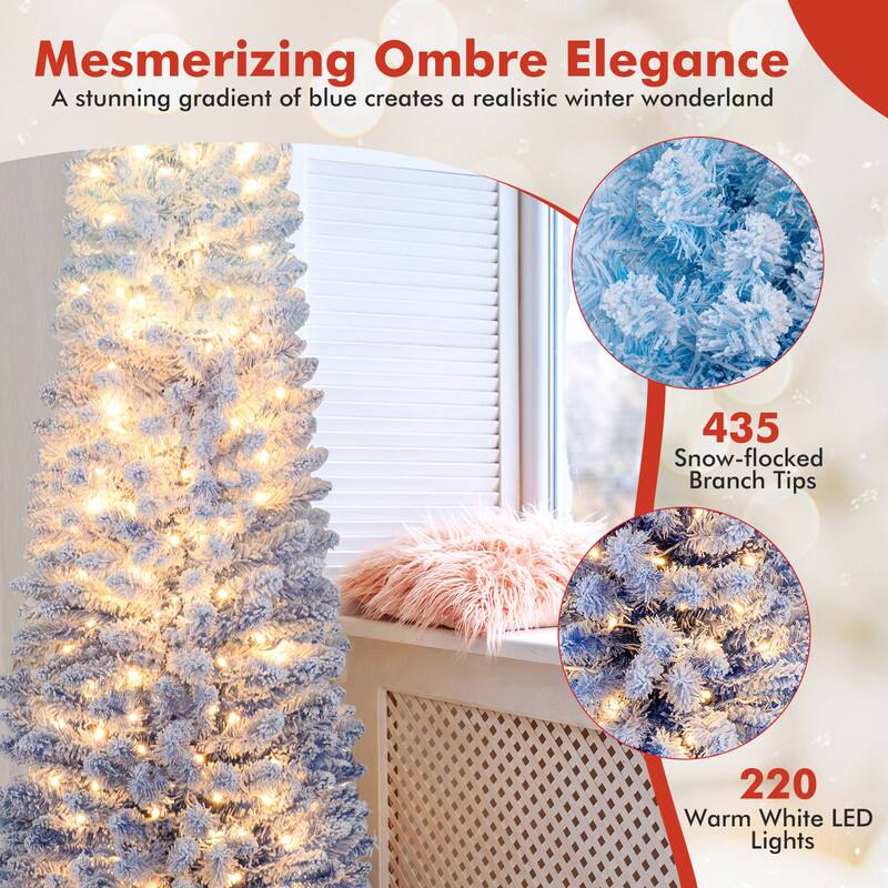 Mesmerizing Ombre Elegance  
A stunning gradient of blue creates a realistic winter wonderland

435 Snow-flocked Branch Tips  
220 Warm White LED Lights