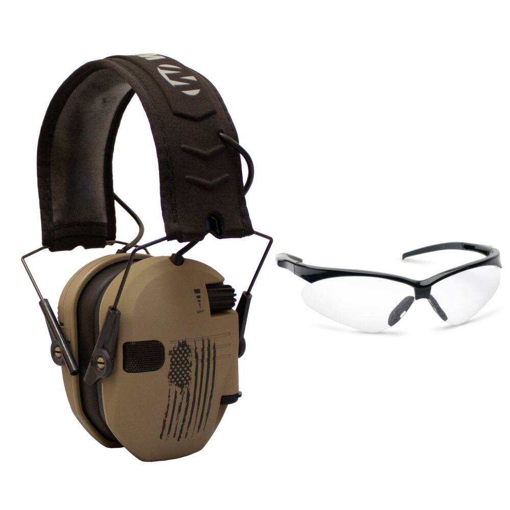 Angle. Walkers - Walker’s Razor Shooting Muffs (Distressed Flag) with Shooting Glasses Kit - Tan.