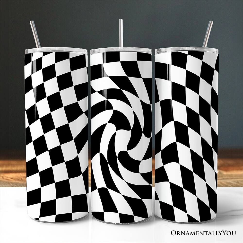 Left. OrnamentallyYou - Black and White Checkerboard Swirl 20oz Tumbler With Lid and Stainless Steel Straw - Multicolored.