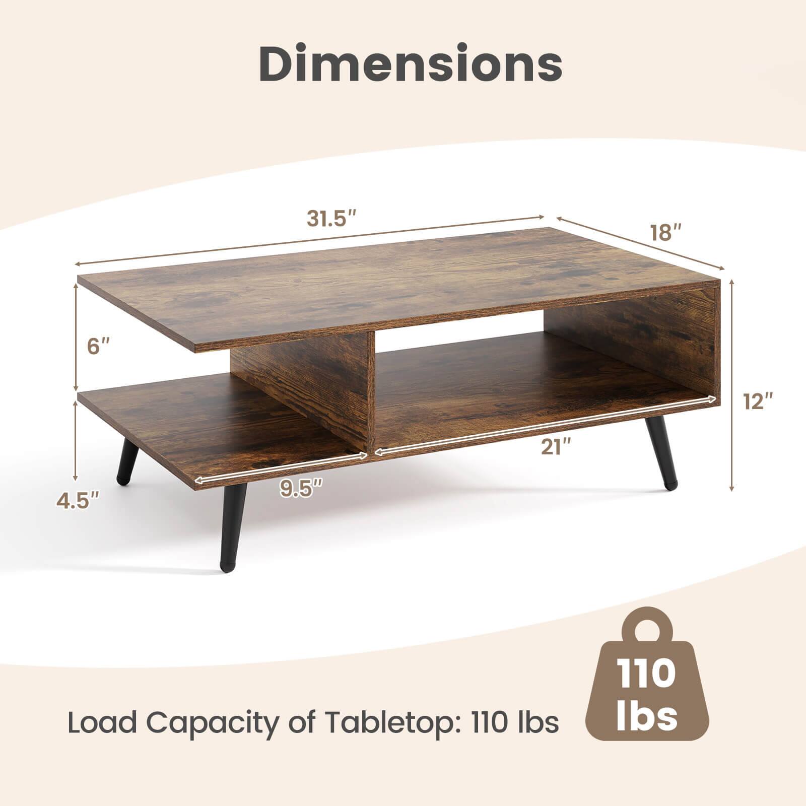 Dimensions: 31.5" x 18" x 6" x 12" x 21" x 4.5" x 9.5"  
Load Capacity of Tabletop: 110 lbs