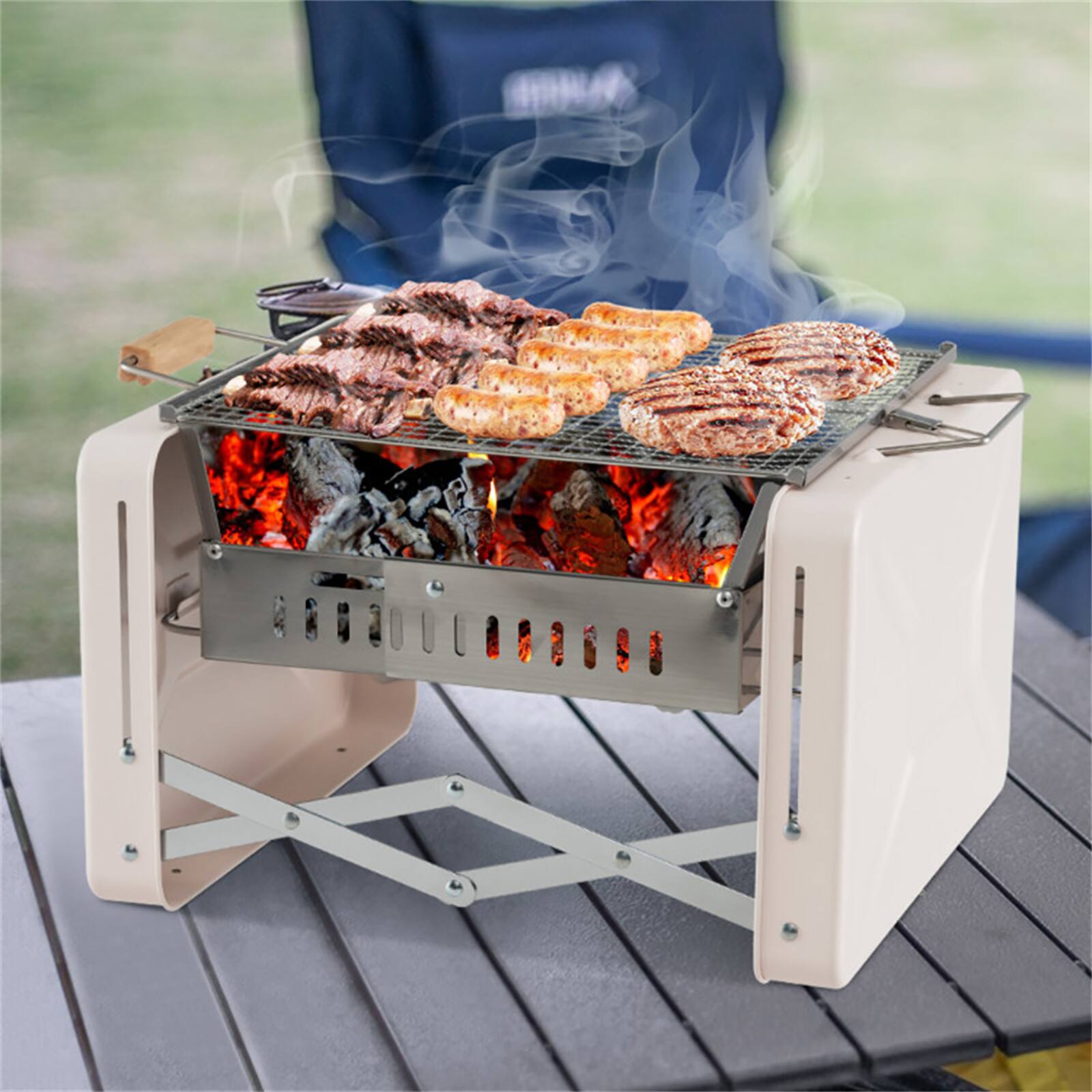 Alt View 8. Chateau Abodes - Portable Folding Charcoal Grill with 2 Stainless Steel Nets, Charcoal Box & Insulated Wood Handle - Beige.