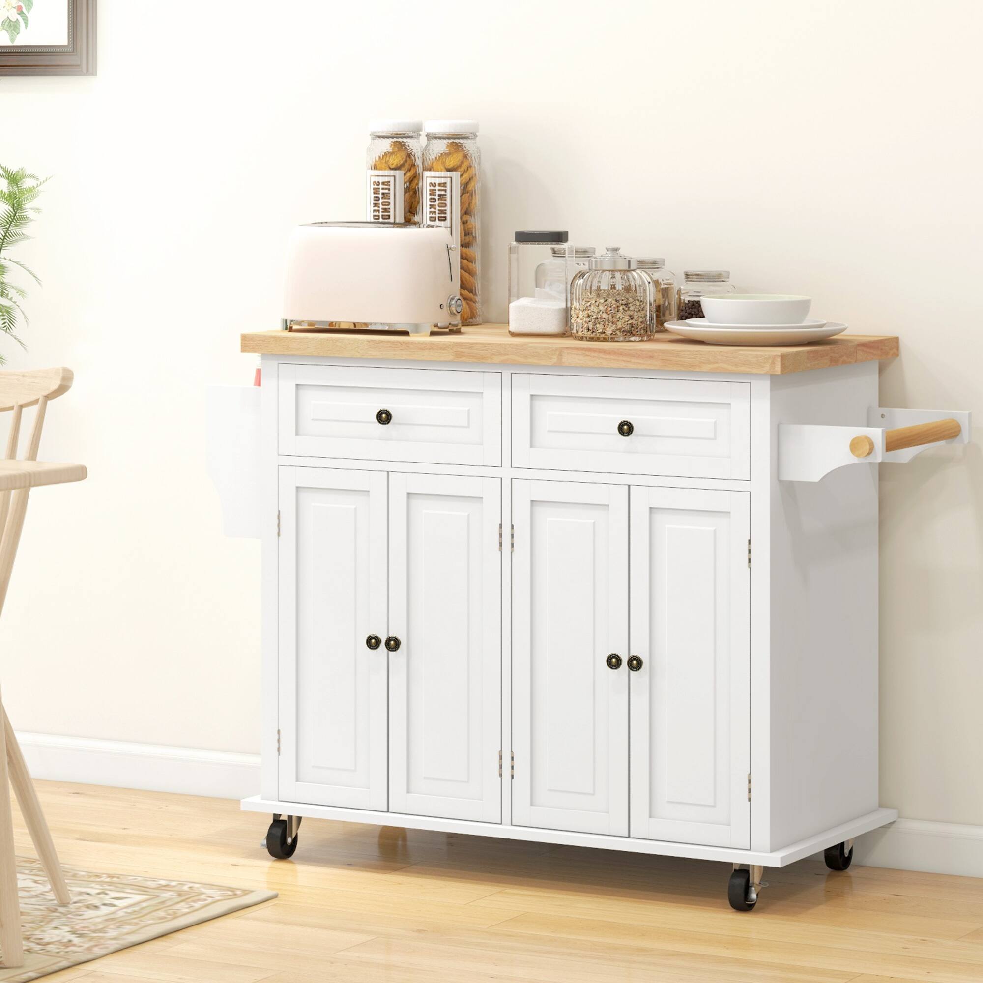 Alt View 1. Homcom - Island on Wheels, Rolling Cart with Rubberwood Top, Spice Rack, Towel Rack and Drawers - Cream White.