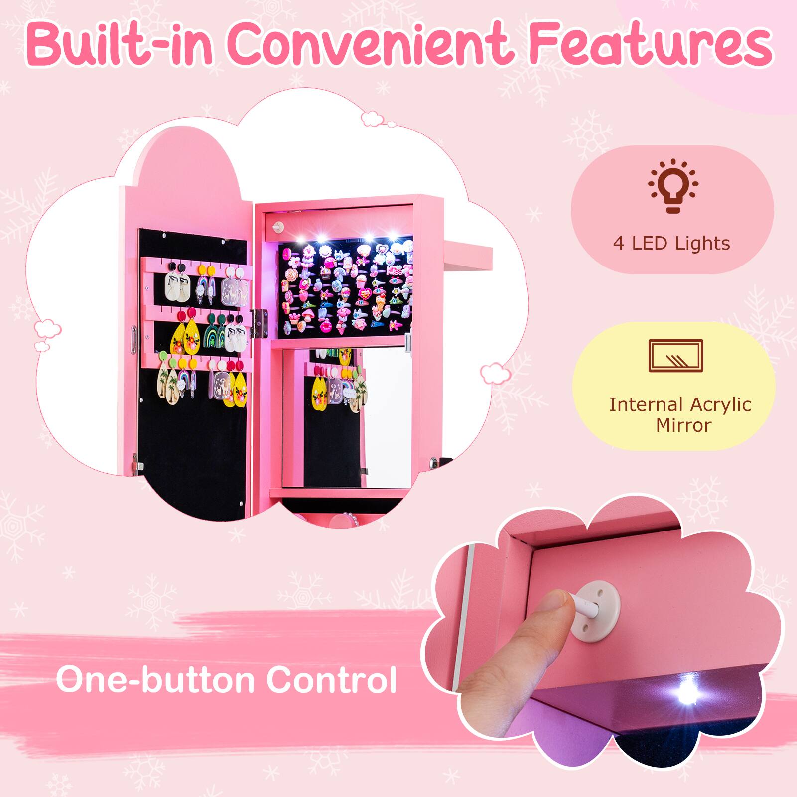 Built-in Convenient Features

- 4 LED Lights
- Internal Acrylic Mirror
- One-button Control