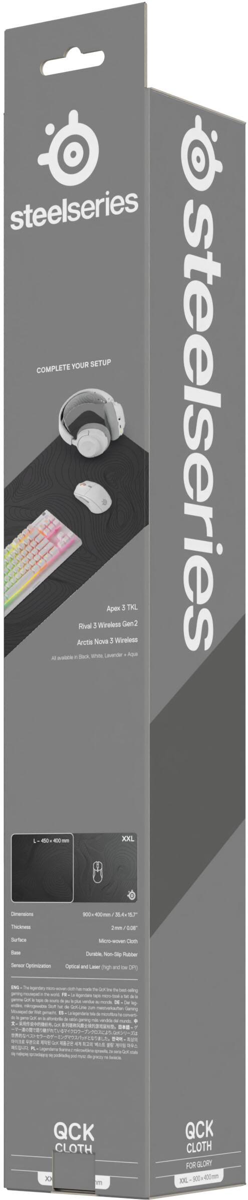 steelseries YOUR SETUP COMPLETE @steelseries

Apex 3 TKL Rival 3 Wireless Gen2 Arctis Nova 3 Wireless

Dimensions
L - 450 x 400 mm
XXL - 900 x 400 mm / 35.4 x 15.7"

Thickness
2 mm / 0.08"

Surface
Micro-woven Cloth

Base
Durable, Non-Slip Rubber

Sensor Optimization
Optical and Laser (high and low DPI)

ENG The legendary micro-woven cloth has made the QCK line the best-selling gaming mouse pad in the world. FR - Le tapis micro-tissé légendaire a fait du QCK la meilleure vente de tapis de souris au monde. DE - Der legendäre Mikro-Gewebe hat den QCK zum Bestseller der Gaming-Maus-Pads gemacht. IT - Il micro-tessuto leggendario del QCK è diventato il tappetino da gioco più venduto al mondo. ES - El micro-tejido legendario del QCK se ha convertido en el mousepad de juego más vendido del mundo. PT - O micro-tecido lend