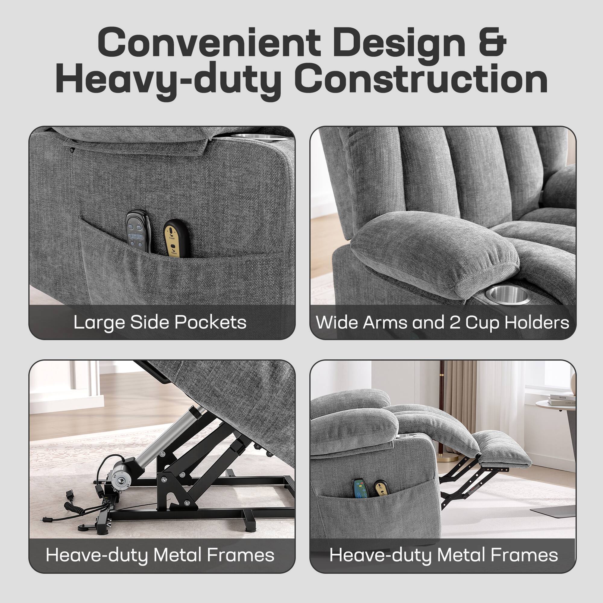 Convenient Design & Heavy-duty Construction

- Large Side Pockets
- Wide Arms and 2 Cup Holders
- Heavy-duty Metal Frames
- Heavy-duty Metal Frames