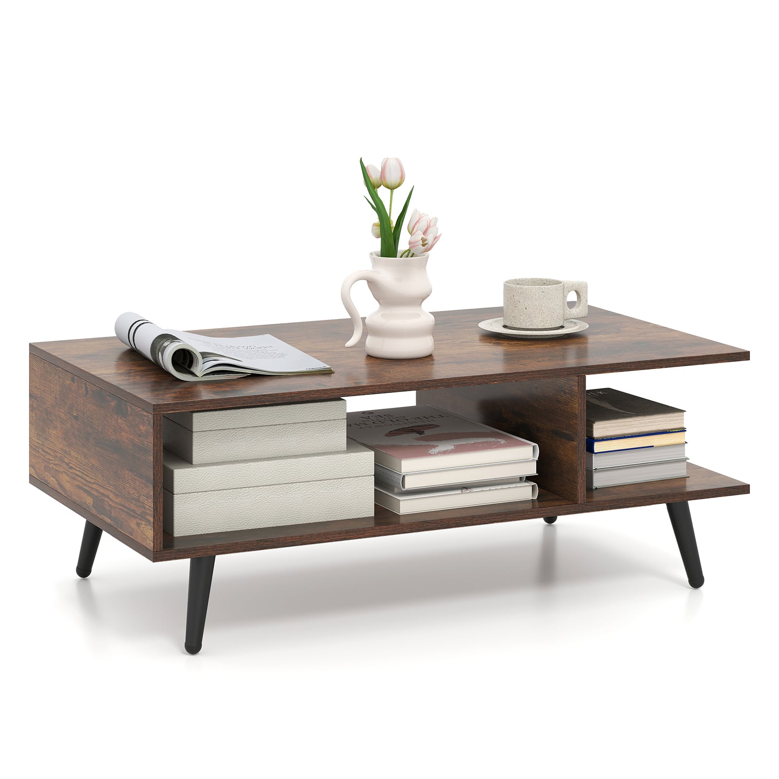 Gymax - 2-Tier Coffee Table w/ Compartments & Metal Legs Rectangle Tea Cocktail Table Coffee - Rustic Brown, Black