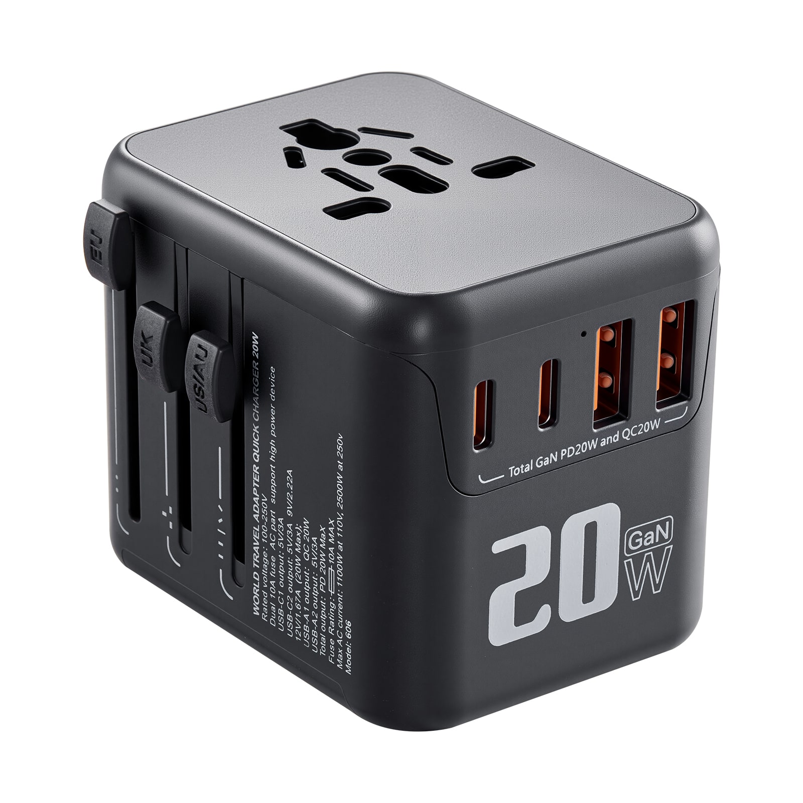 VEVOR - Universal Travel Adapter, 5-in-1, International European Power Adapter with 2 USB-C, 2 USB-A Ports, 1 AC Outlet - Black
