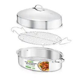 NutriChef - 20" Oval Roasting Pan with Rack and Lid - Premium Stainless Steel Roaster Dish w/ Wide Handles - Silver
