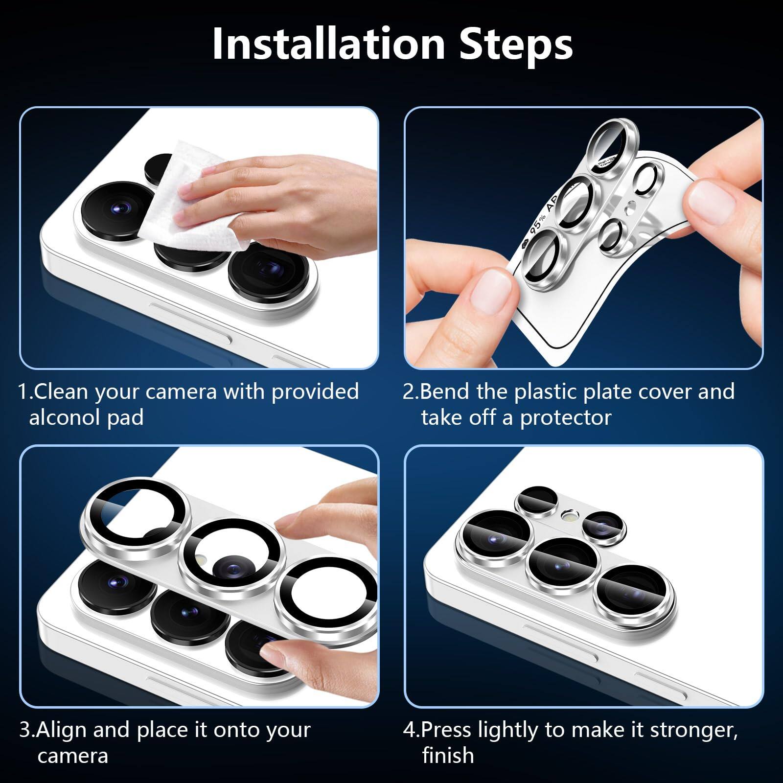 Installation Steps

1. Clean your camera with provided alcohol pad
2. Bend the plastic plate cover and take off a protector
3. Align and place it onto your camera
4. Press lightly to make it stronger, finish