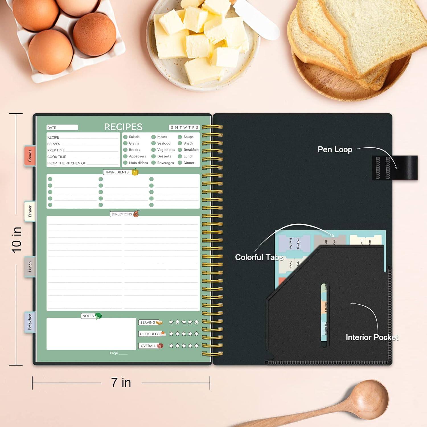 Sure, here is the corrected and grouped text from the image:

---

**RECIPES**

**DATE**  
**RECIPE**  
**SERVES**  
**PREP TIME**  
**COOK TIME**  
**FROM THE KITCHEN OF**  
**INGREDIENTS**  
**DIRECTIONS**  
**NOTES**  
**SERVING**  
**DIFFICULTY**  
**OVERALL**  

**S M T W T F S**  
- Salads  
- Meats  
- Soups  
- Grains  
- Seafood  
- Snacks  
- Bread  
- Vegetables  
- Breakfast  
- Main dishes  
- Appetizers  
- Desserts  
- Lunch  
- Dinner  
- Beverages  

**Pen Loop**  
**Colorful Tabs**  
**Interior Pocket**  

**Page 7**  

---

This text is organized as it appears on the recipe planner in the image.