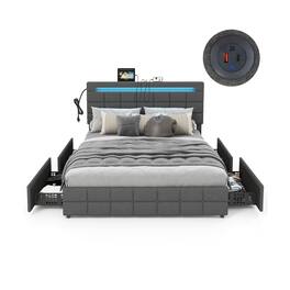Ecooso - Queen Upholstered LED Bed Frame with Headboard and Four Storage Drawers - Gray