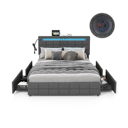 Front. Ecooso - Queen Upholstered LED Bed Frame with Headboard and Four Storage Drawers - Gray.