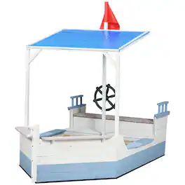 Outsunny - Sandbox with Canopy, Pirate Ship Wooden Sand Boxes with Bench for Backyard, Sand Pit for Toddlers