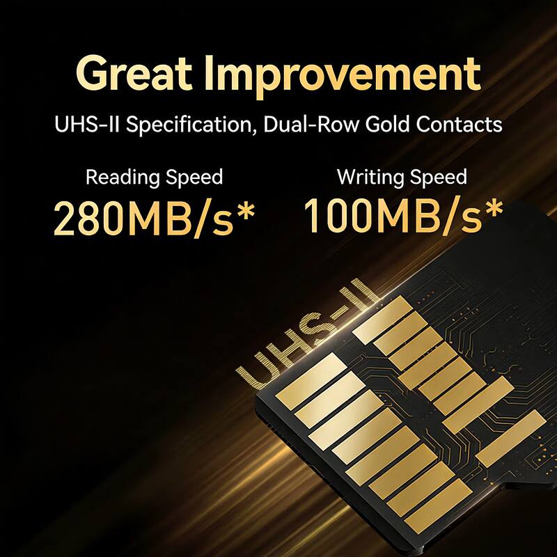 Great Improvement  
UHS-II Specification, Dual-Row Gold Contacts  
Reading Speed 280MB/s*  
Writing Speed 100MB/s*