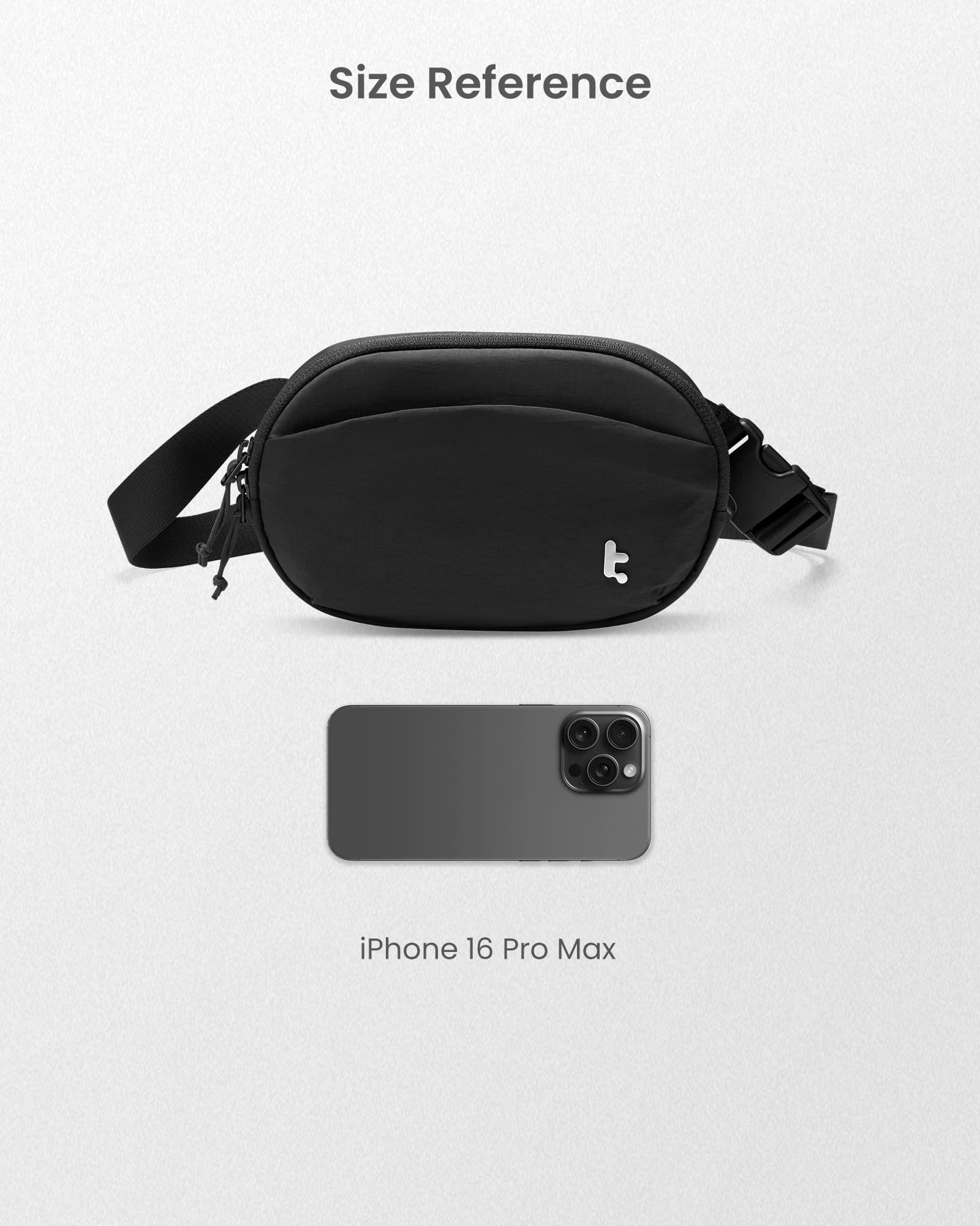 The image shows a black case and a black pouch, both of which are designed to fit an iPhone 16 Pro Max. The case is described as being made of leather, while the pouch is made of nylon. The case is placed next to the pouch, and both items are displayed in a white background. The image also includes a size reference for the iPhone 16 Pro Max, indicating that the case and pouch are designed to fit this particular model of the phone.