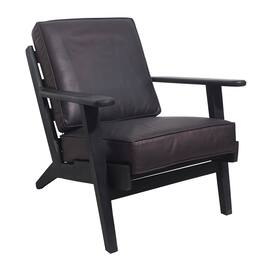 Manhattan Lane - Amber Accent Chair, Handcrafted Slatted Mango Wood, Buffalo Leather Cushions, Angled Legs - Black
