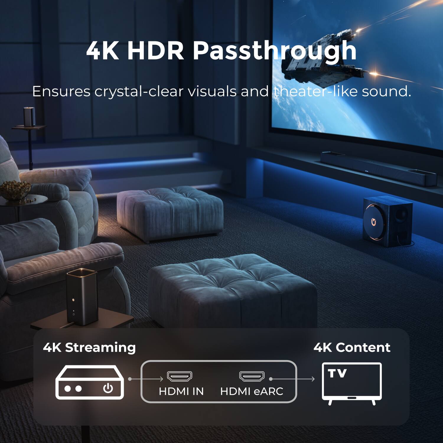 4K HDR Passthrough  
Ensures crystal-clear visuals and theater-like sound.

4K Streaming  
HDMI IN  
HDMI eARC

4K Content  
TV
