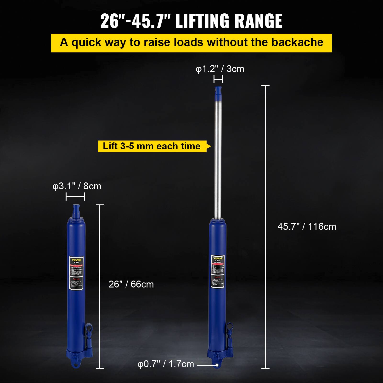 26"-45.7" LIFTING RANGE  
A quick way to raise loads without the backache  

1.2" / 3cm  
Lift 3-5 mm each time  

3.1" / 8cm  

45.7" / 116cm  

26" / 66cm  

0.7" / 1.7cm