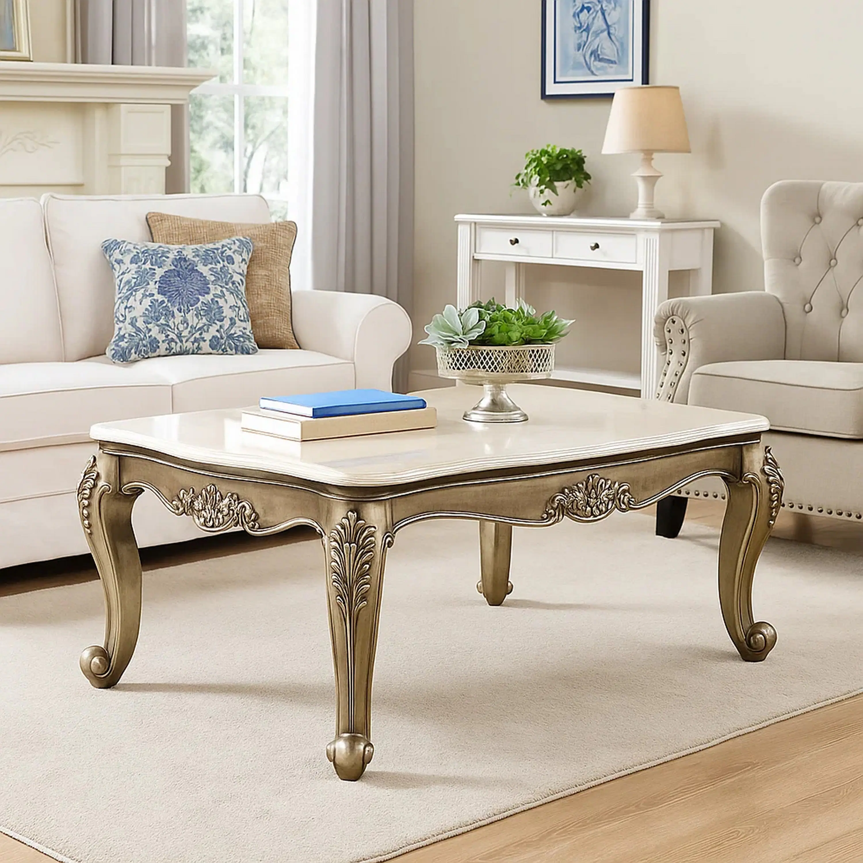 Alt View 6. Manhattan Lane - Faux Marble Top Engraved Wooden Frame Coffee Table - White and Gold.